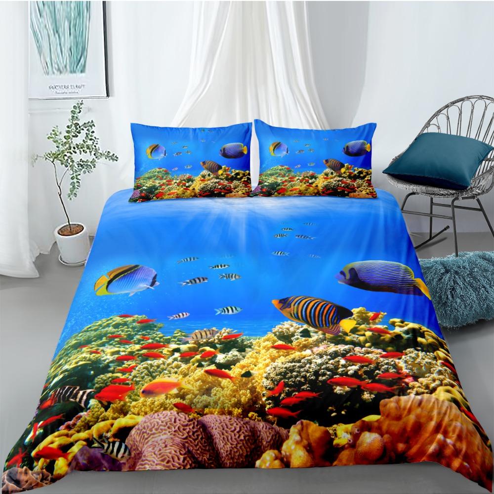 Ocean Duvet Cover Set Queen Double Size Polyester Ocean Animals Fishes Tortoise And Rainbow Color Coral Printed Comforter Cover