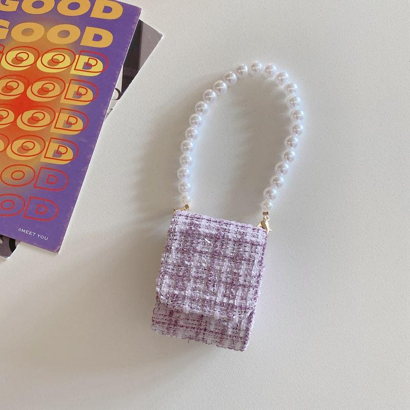 Luxury Autumn Winter Tweed Cloth Earphone Case Bag For AirPods 4 3 2 Pearl Bracelet Case For Airpods Pro 2 Charging Box Cover