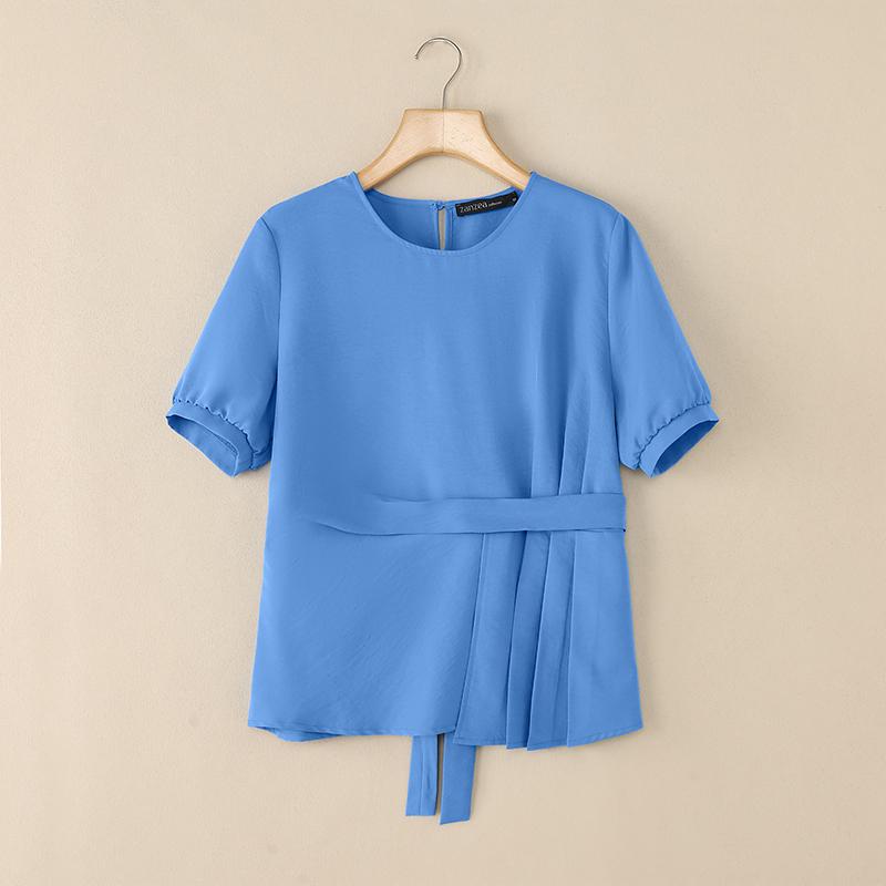 ZANZEA Women Summer Casual Round Neck Solid Color Short Sleeve Blouse