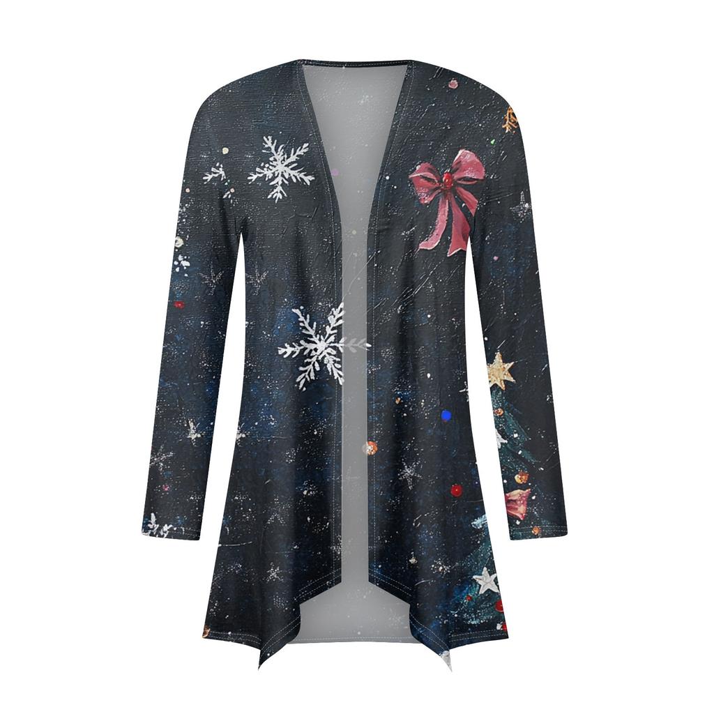 Women's Fashion Casual Christmas  Print Medium Length Cardigan Jacket Coat