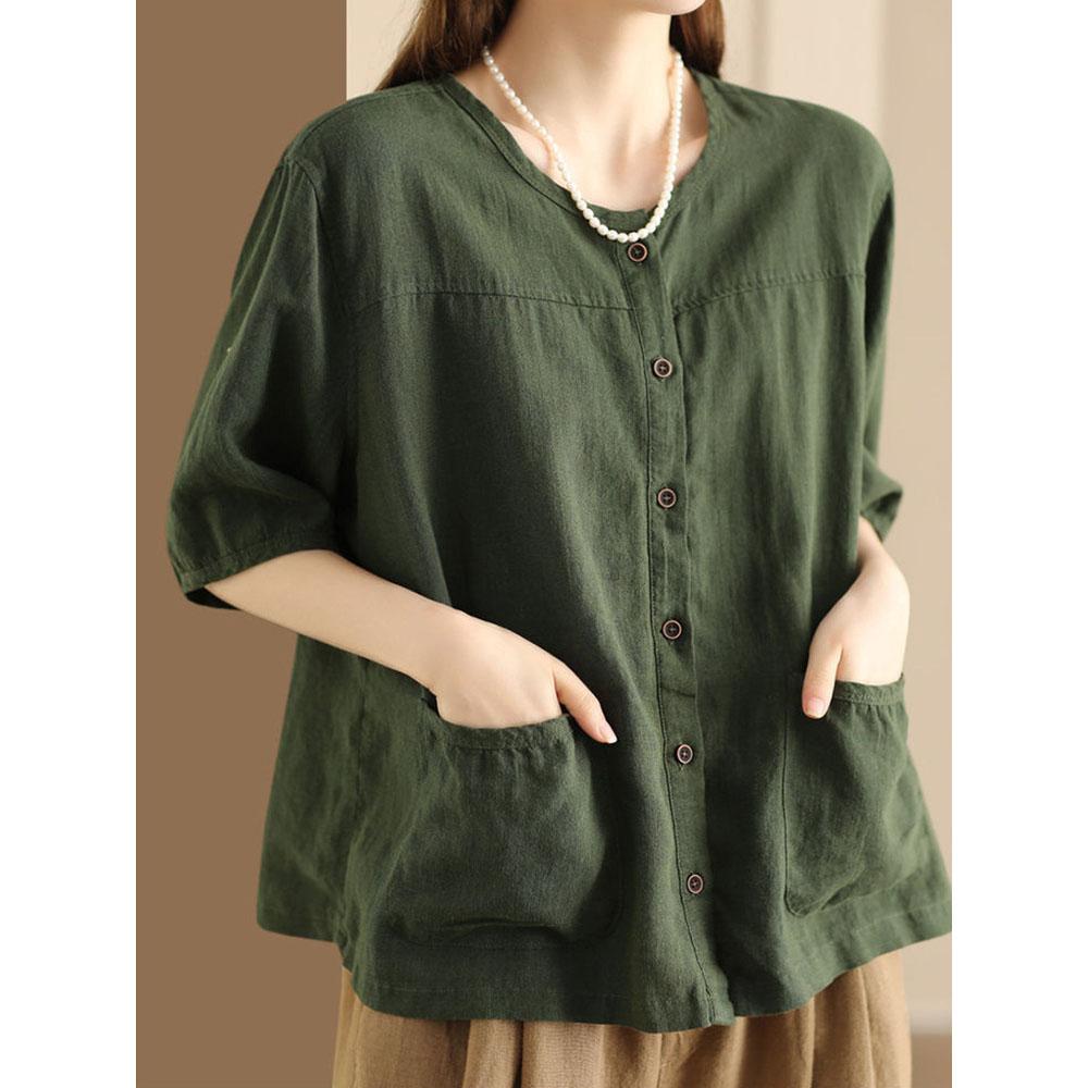 Vintage Artistic Cotton Linen Cardigan Summer Pocket Design Women's Casual Ethnic Style Short Sleeves Elegant