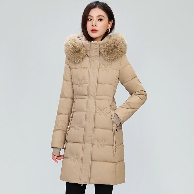 Medium and Long Butterfly Print Thin Cotton Clothes Women's Large Size Velvet Waist Hooded Large Fur Collar Cotton-padded Clothes