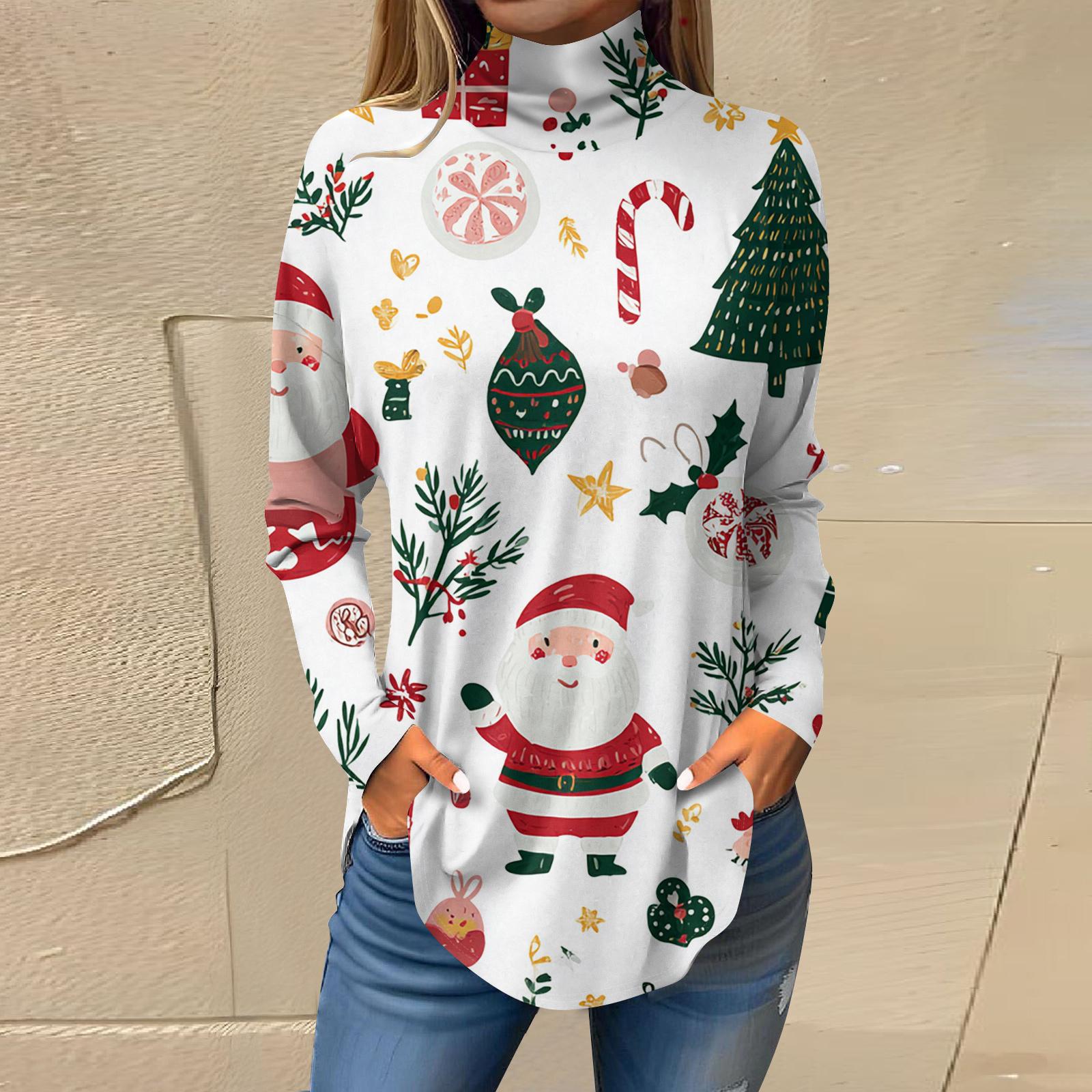 

Жіночі осінні повсякденні сорочки з довгими рукавами Світшоти Вінтажний пуловер з високим горлом і принтом S білий