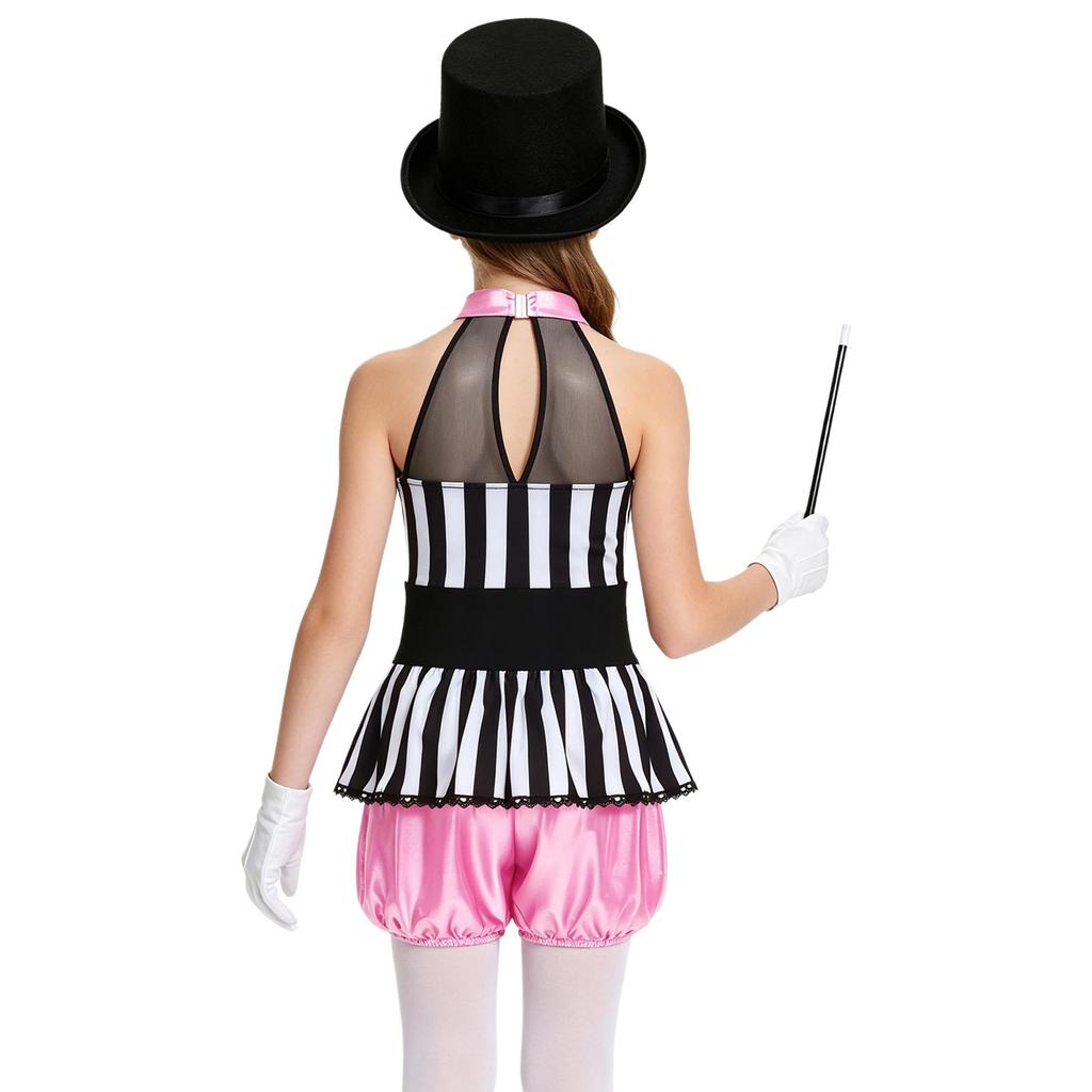 Girls Metallic Jumpsuit Sleeveless Patchwork Ringmaster Dress Up Set 4 Pieces Hat Wand Gloves