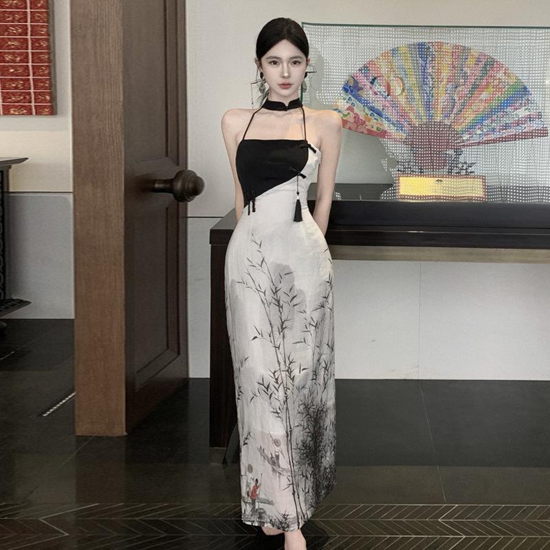 

Женская одежда, дизайн, чувство, китайский стиль, чернила, печать на шее, платье L