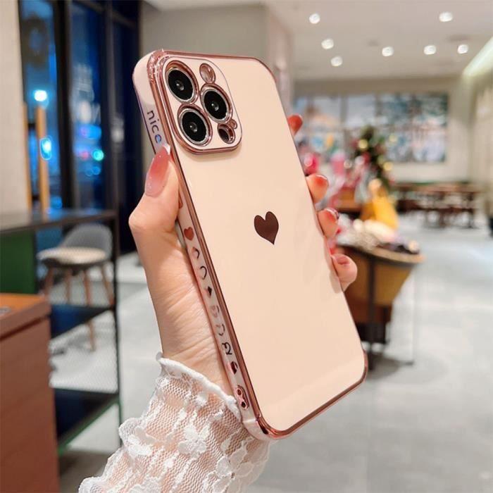 Coque de protection - Luxe - iPhone 12 Pro Max - Rose - Motif coeur galvanisé or - Antichoc et anti-rayure