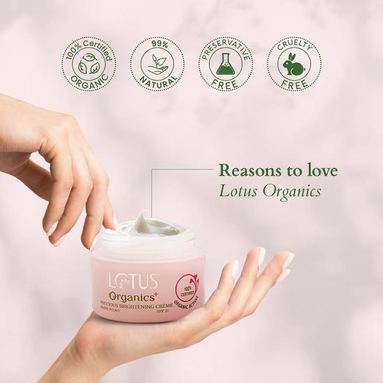 Lotus Organics+ Precious Brightening Cream | For Dark Spots, Blemishes & Pigmentation | SPF 20 Moisturiser | 100% Certified Organic White Peony  | 50g
