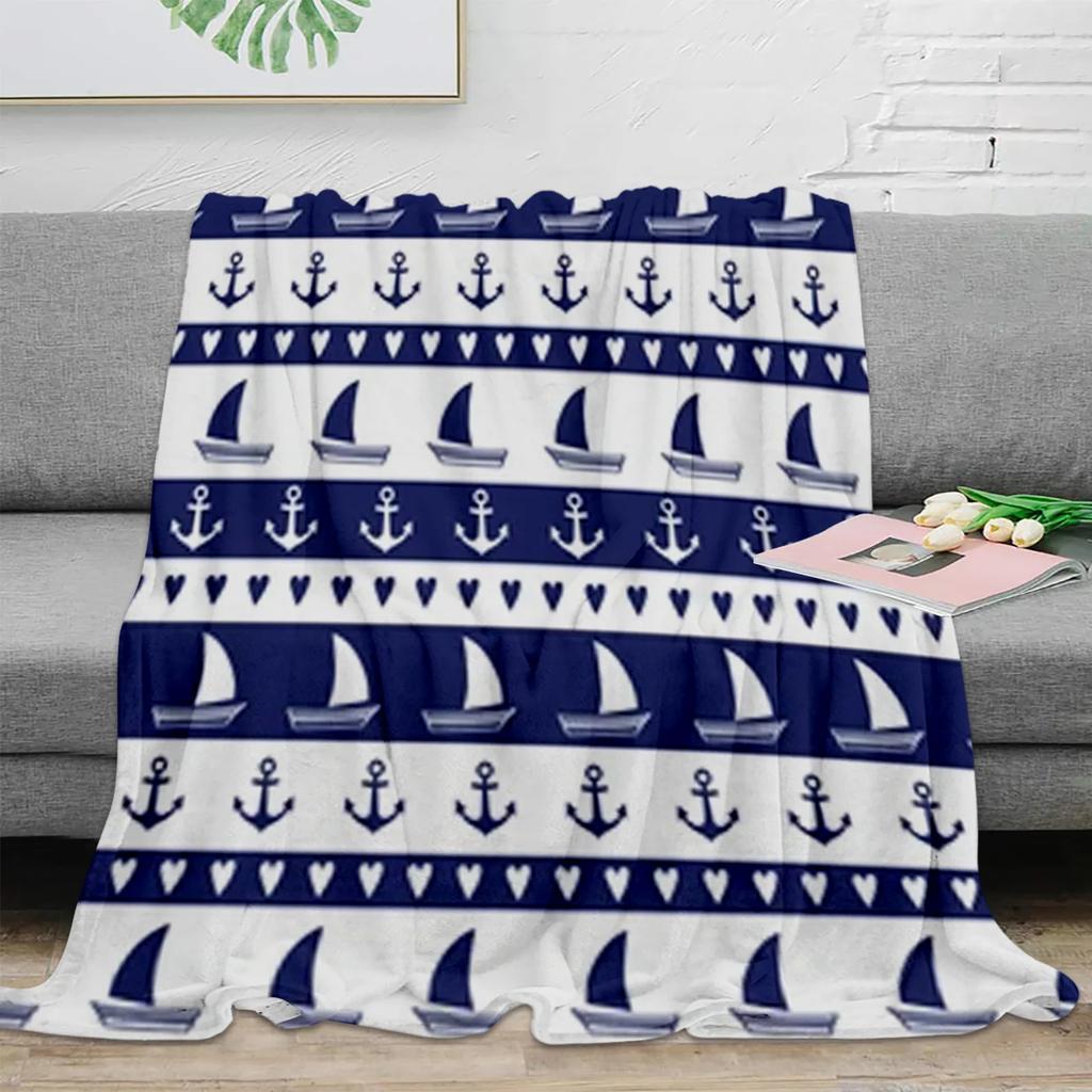 Nautical Blue Anchor Rudder Boat Fish Lighthouse Flannel Blanket Travel Picnic Blanket Portable Soft Bedspread Blankets for Beds