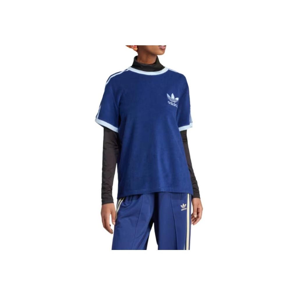Adidas Originals Solid Color Crew Neck Three-Stripe Short Sleeve T-Shirt Women Tops Blue IR7465