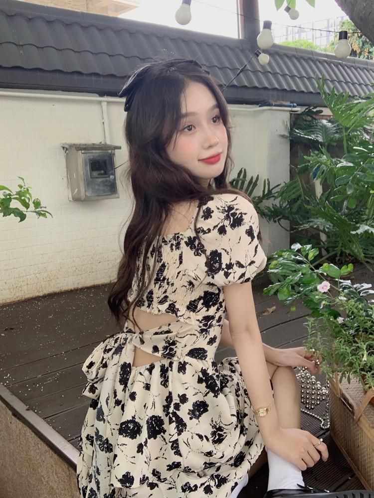 Summer new high waist and thin small medium and long dress French floral temperament fashion bubble sleeve dress women
