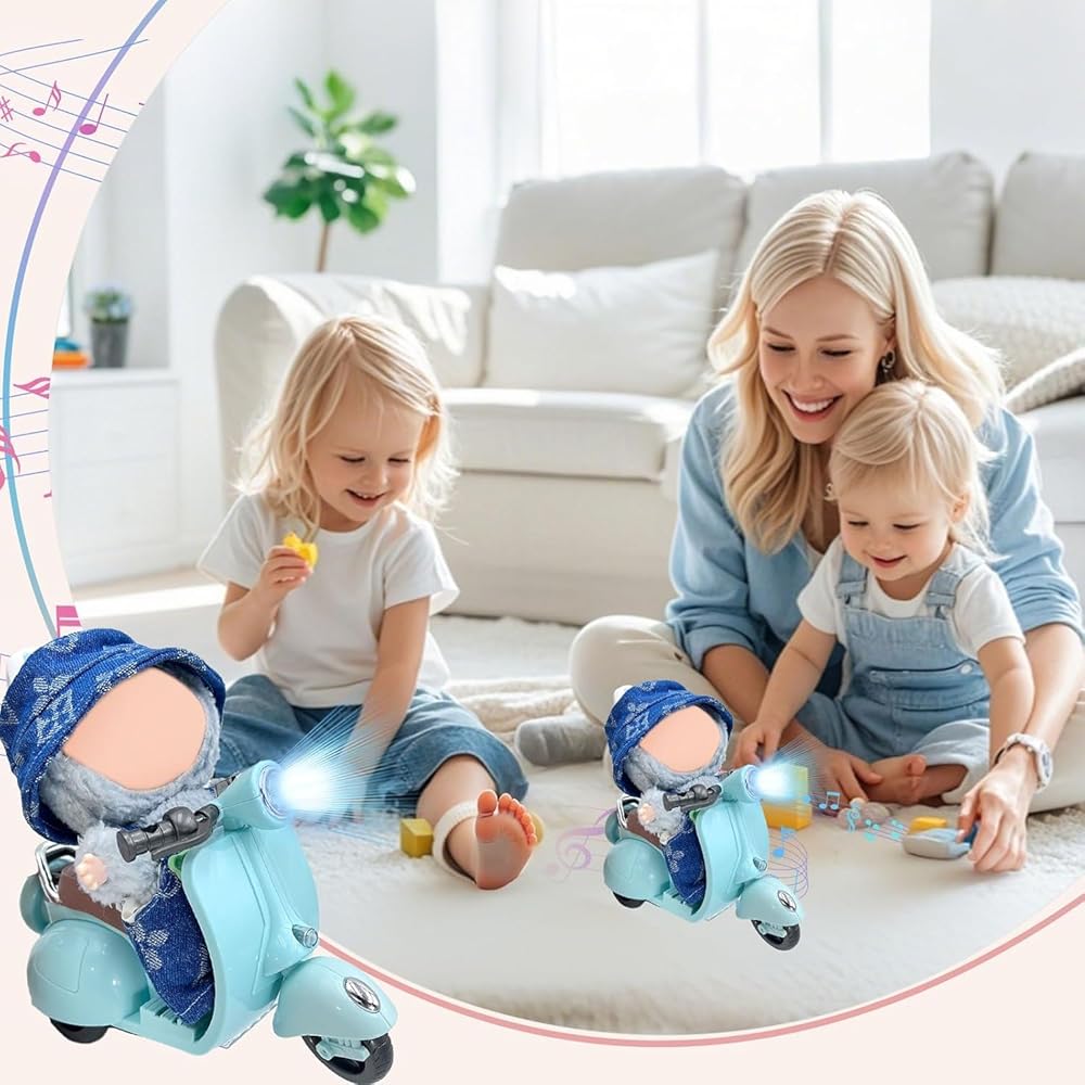 Ruokey Mini Electric Scooter Toy with LED Lights and Sound 360° Rotating Motorcycle Desktop Ornament for Collectors Blue 17cm