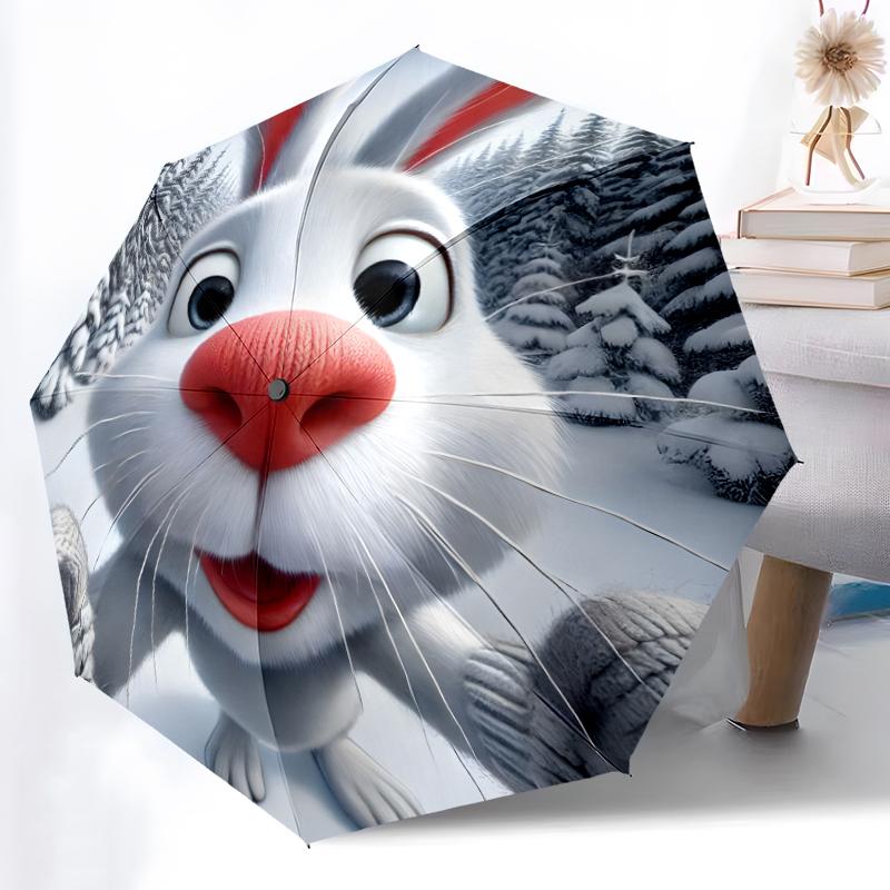 1pc Sturdy 8-Bone Auto Umbrella, Cute Bunny Umbrella, Digital Printed, Foldable Umbrella for On-the-Go Outdoor Use