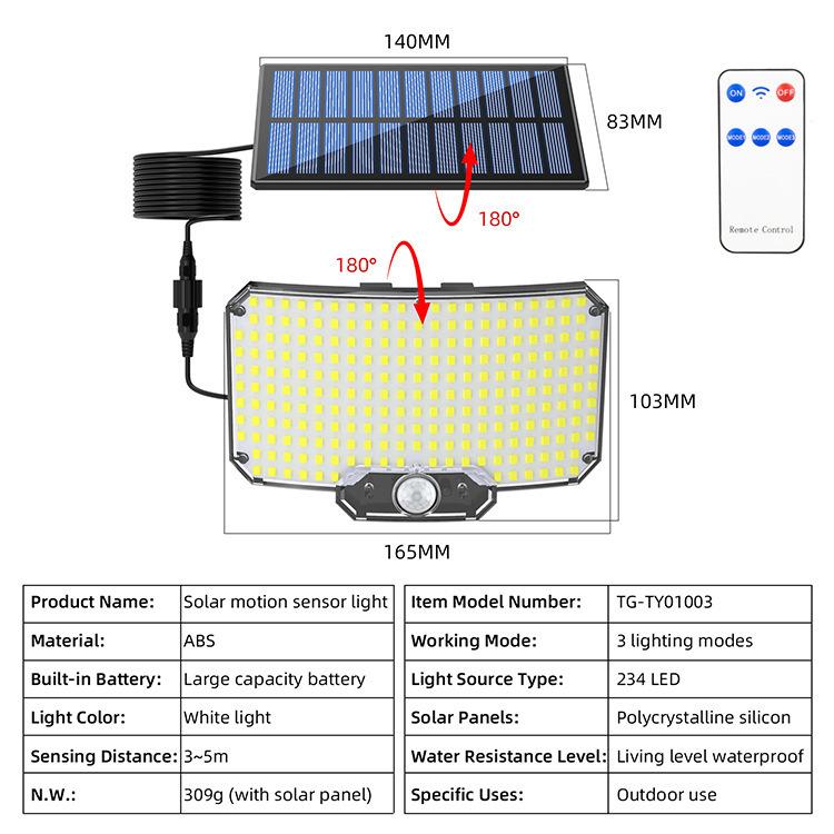 234LED Solar Security Lights Outdoor Motion Sensor 3 Modes Waterproof Split Solar Flood Wall Light for Garden Garage