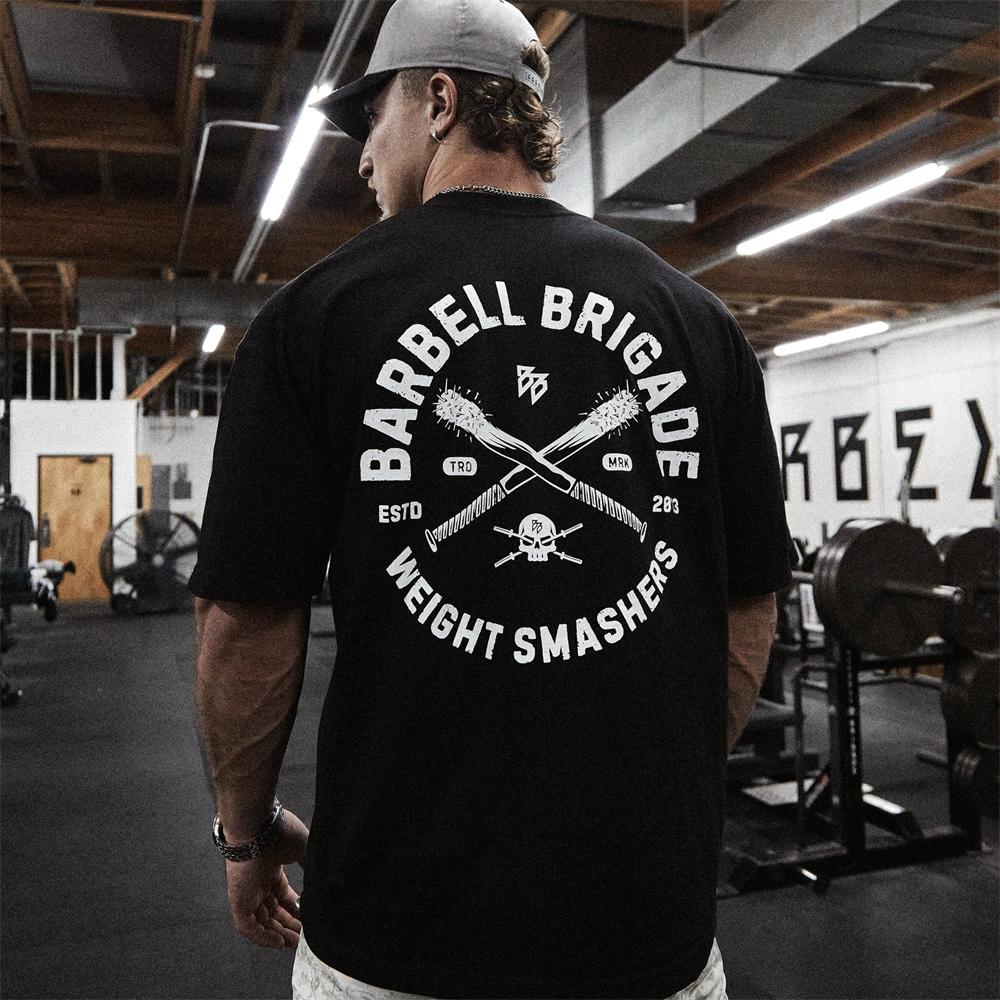 Barbell Cotton Gym Shirt Sport T Shirt Men Short Sleeve Running Shirt Men Workout Training Tees Fitness Loose Large Size M-3XL