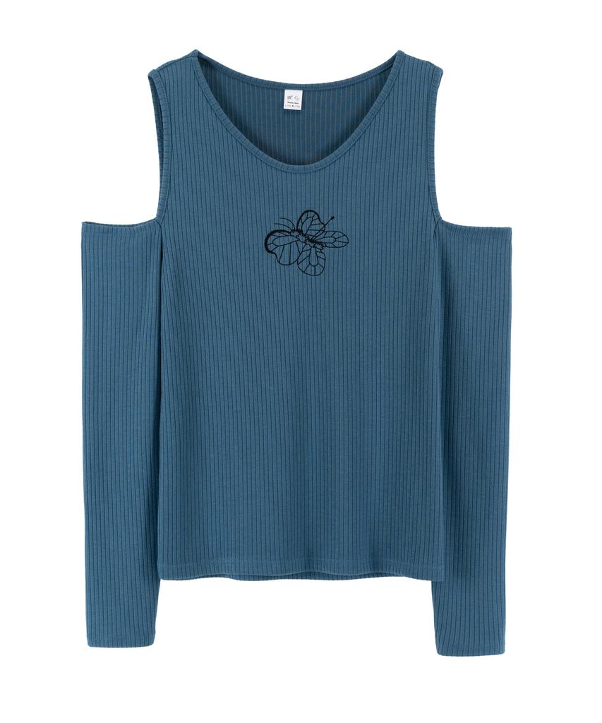 WHIMSY MIND Off-Shoulder Butterfly Pin Embroidered Top_Blue