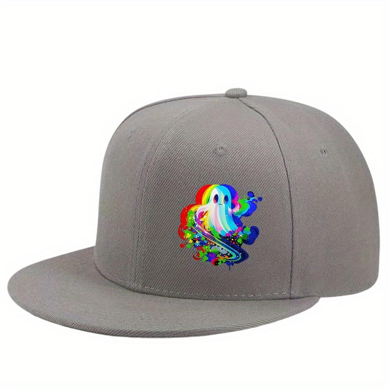 Vibrant Trippy Ghost Graphic Flat Brim Cap Polyester Adult Casual Baseball Hat Adjustable Snapback