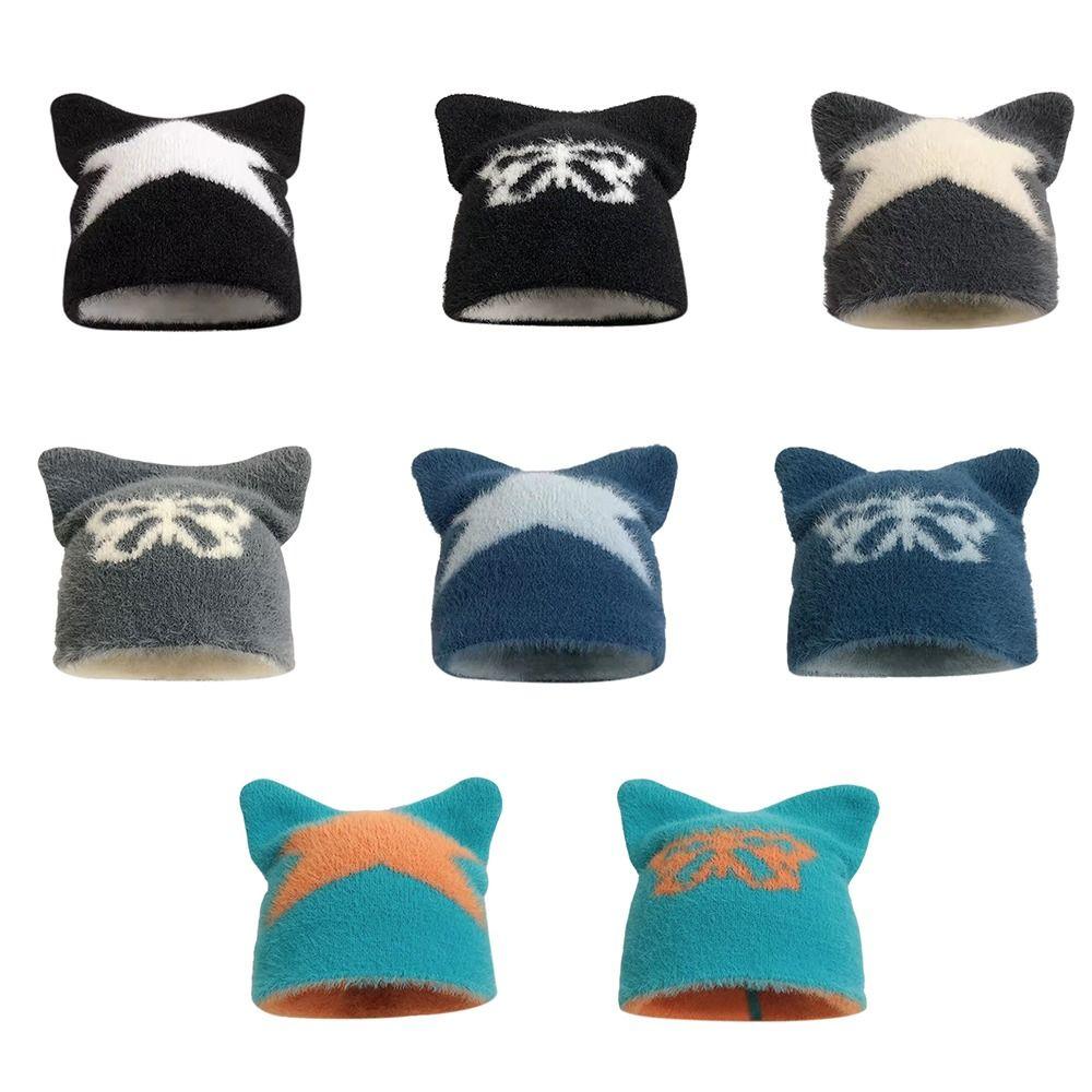 Butterfly Five Pointed Star Cat's Ears Hats Thickened Winter Autumn Pullover Hat Men Women