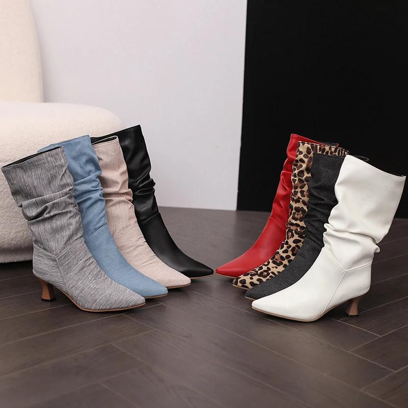 Fashion Trendy Women Pleated Blue Denim Jeans Boots Spike Heels Pointy Toe Knee-high Boots Shoes Autumn Winter Red Black White Pink