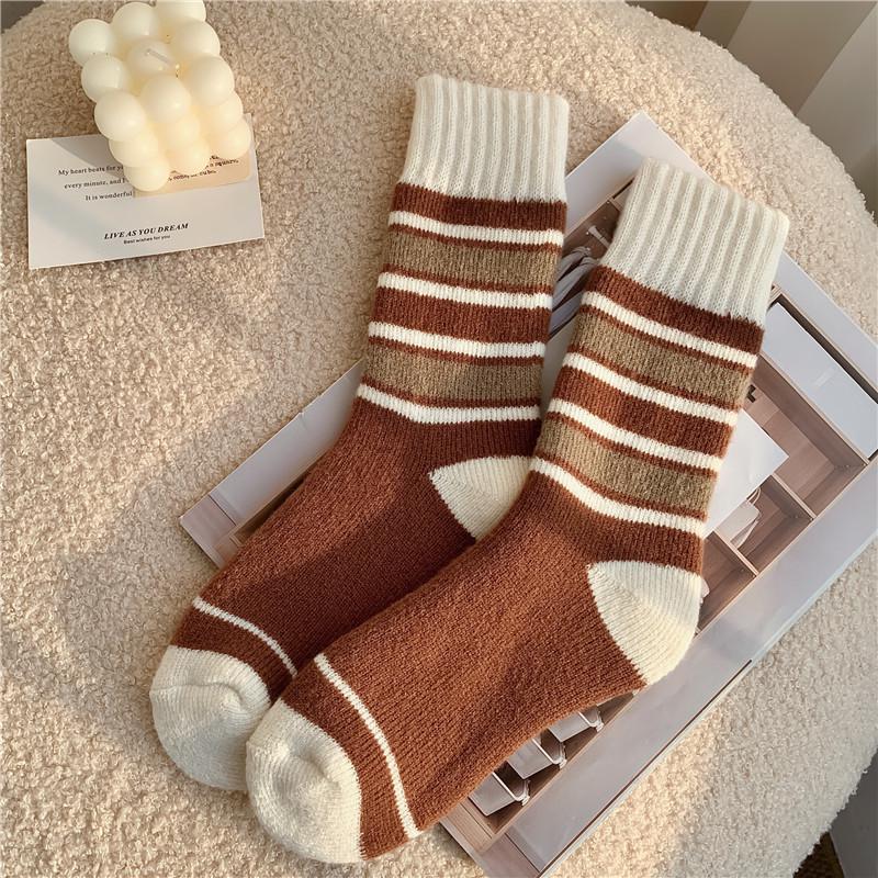 Women's Warm Cashmere Bowknot Mid-Calf Socks - Autumn/Winter Velvet, Thick Terry Cloth, Coffee Color, Over-the-Knee, Postpartum