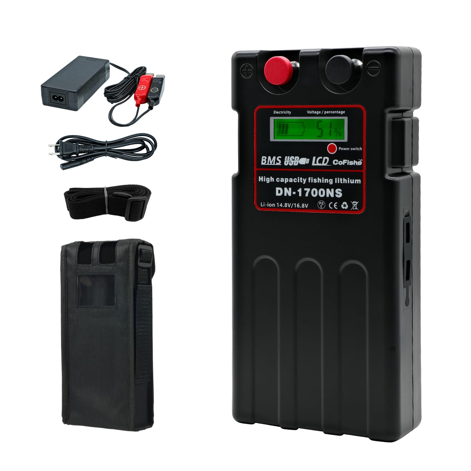 

Аккумулятор Cofisho DN1700 для электрической катушки 10400 мАч или с зажимом типа «крокодил», индикатор уровня заряда, специальный чехол Shimano, компактный суперлитиевый, совместимый с электрической катушкой чёрный