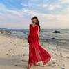 French Beautiful Irregular Ruffle Edge Red Suspender Dress Women's Summer Seaside Vacation Atmosphere Temperament Dress