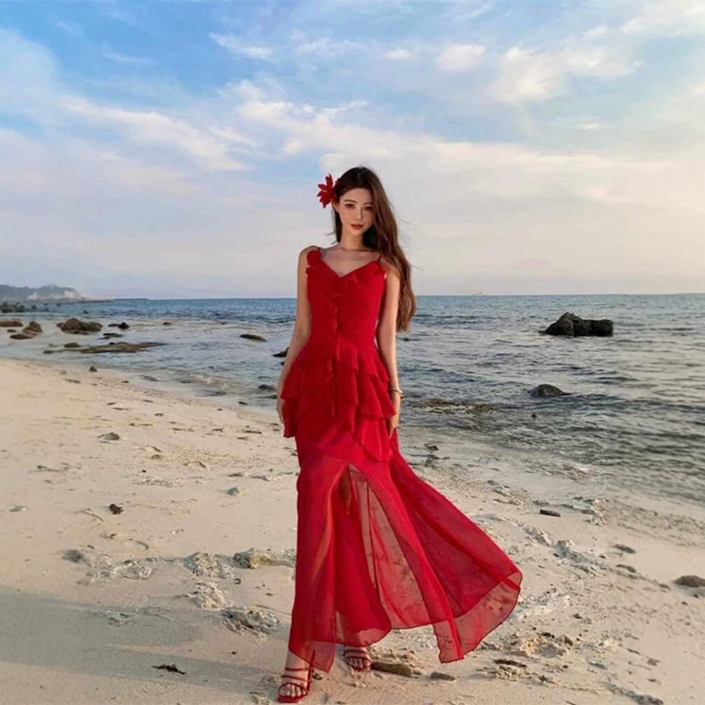 French Beautiful Irregular Ruffle Edge Red Suspender Dress Women's Summer Seaside Vacation Atmosphere Temperament Dress