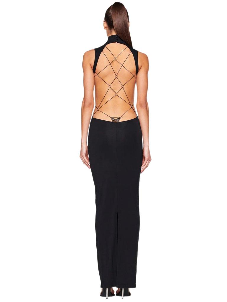 IAMGIA Spiderweb Bow Black Hollow-Out Sexy Slit Dress