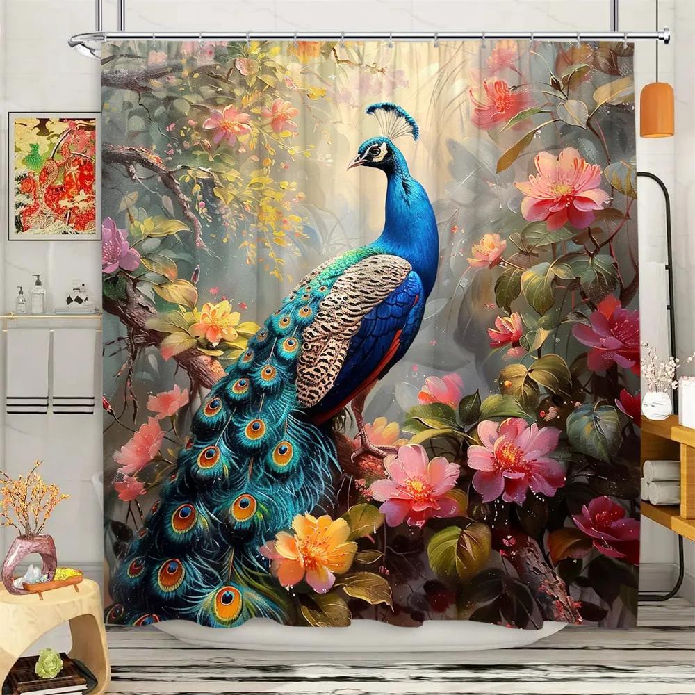 Peacock Shower Curtain Tropical Plant Flower Leaf Landscape Vintage Oil Painting Elegant Polyester Fabric Bathroom Decor Curta