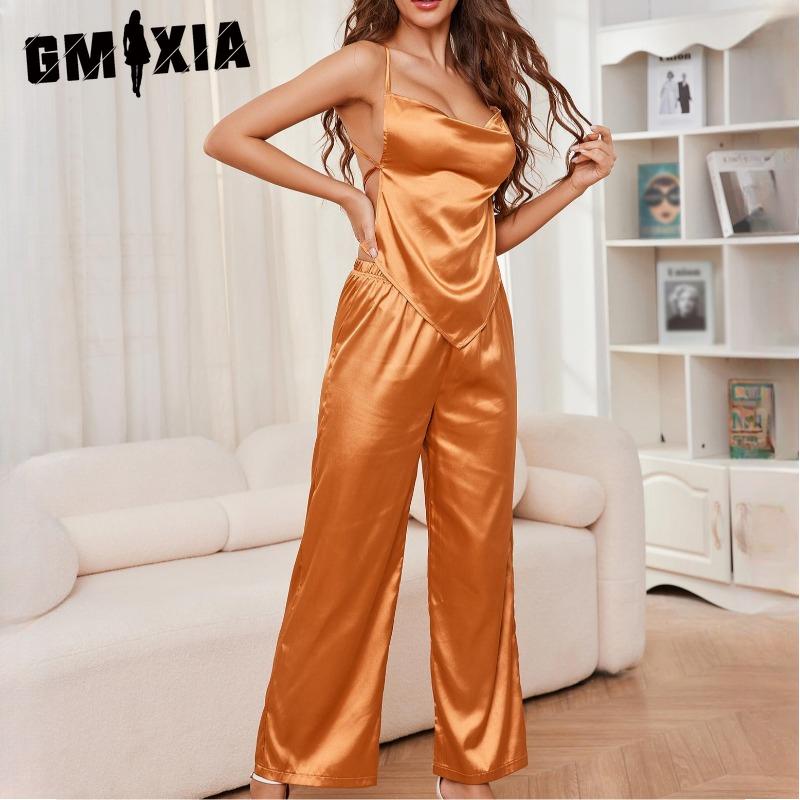 

GMXIA Пижама из ледяного шелка женская летняя сексуальная на бретелях, штаны, домашняя одежда из двух частей M оранжевый