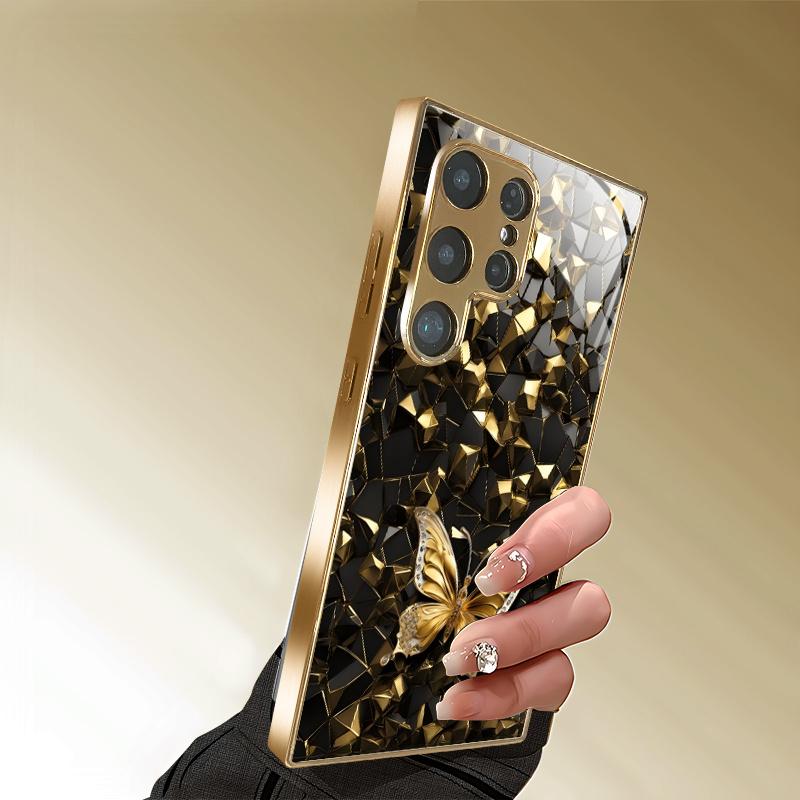Gold-plated tempered glass phone case  compatible Galaxy S26 S25 S24 S23 S22 Ultra Plus. Elegant black gold design.