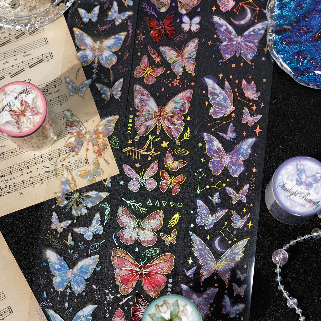 Gugu Forest Ice Crystal Butterfly PET Tape Series - Single Roll Decorative Stickers (4 Designs)