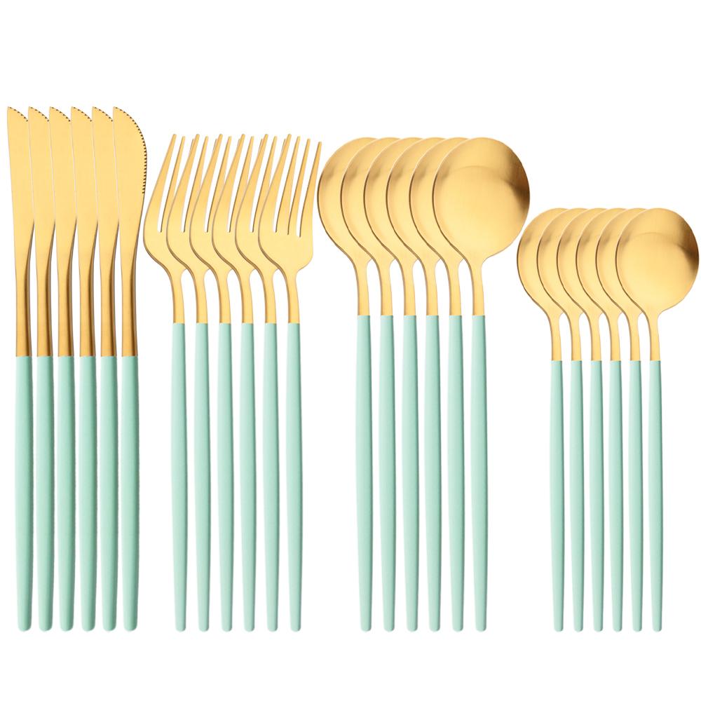 JANKNG 24Pcs Matte Dinnerware Golden Knife Fork Dessert Spoons Flatware Set Stainless Steel Cutlery Set Kitchen Silverware Set