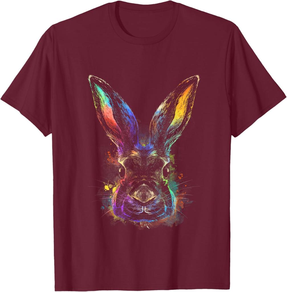 Colorful Rainbow Watercolor Rabbit Graphic Tee Men Casual Crew Neck Daily T-Shirt Easter