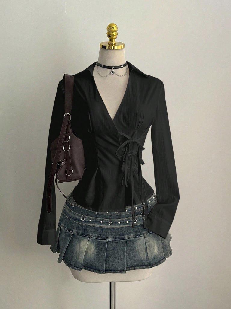 In Stock - European & American Casual Waist-Cinching Solid Color Women's Shirt