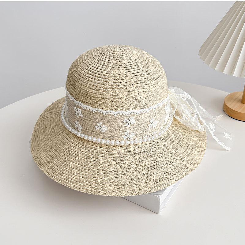 Sweet Pearl Lace Bow Straw Hat Women's Beach Hat Versatile Straw Hat Travel Sunscreen Sunshade Hat