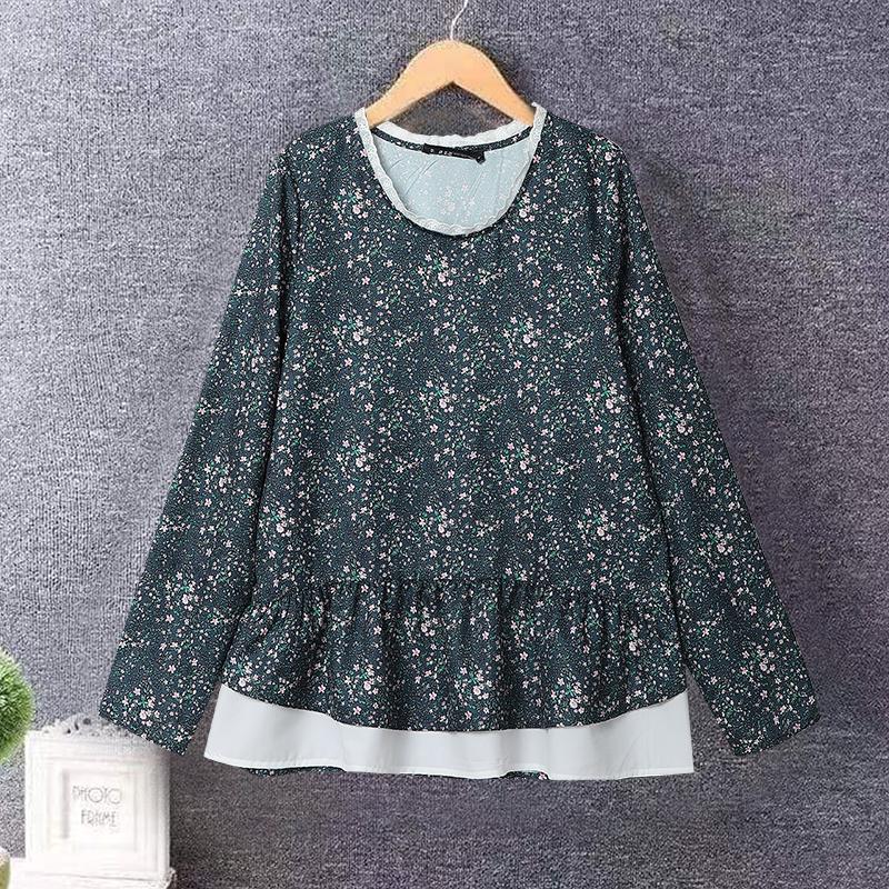 ZANZEA Women Casual Round Neck Long Sleeve Floral Print Contrast Color Blouses