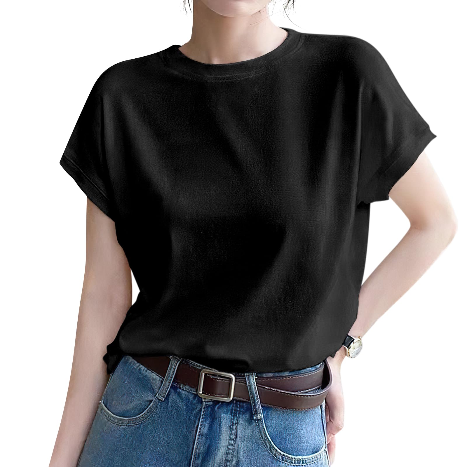 

Цвета Короткий рукав Свободный крой и Расслабленный Летний Идеально для Повседневной носки и Простой и Стильный Крой и Пошив [YUMISS] [Новое Добавление] Женская Футболка чёрный