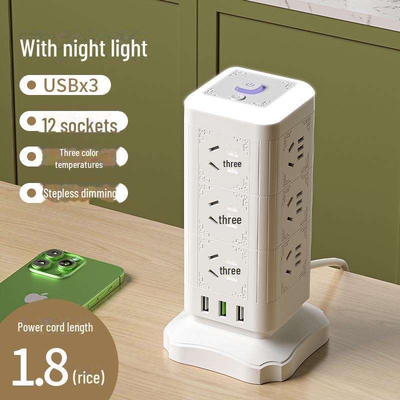 Multi-function Tower Power Strip with USB, Overload Protection, and Night Light