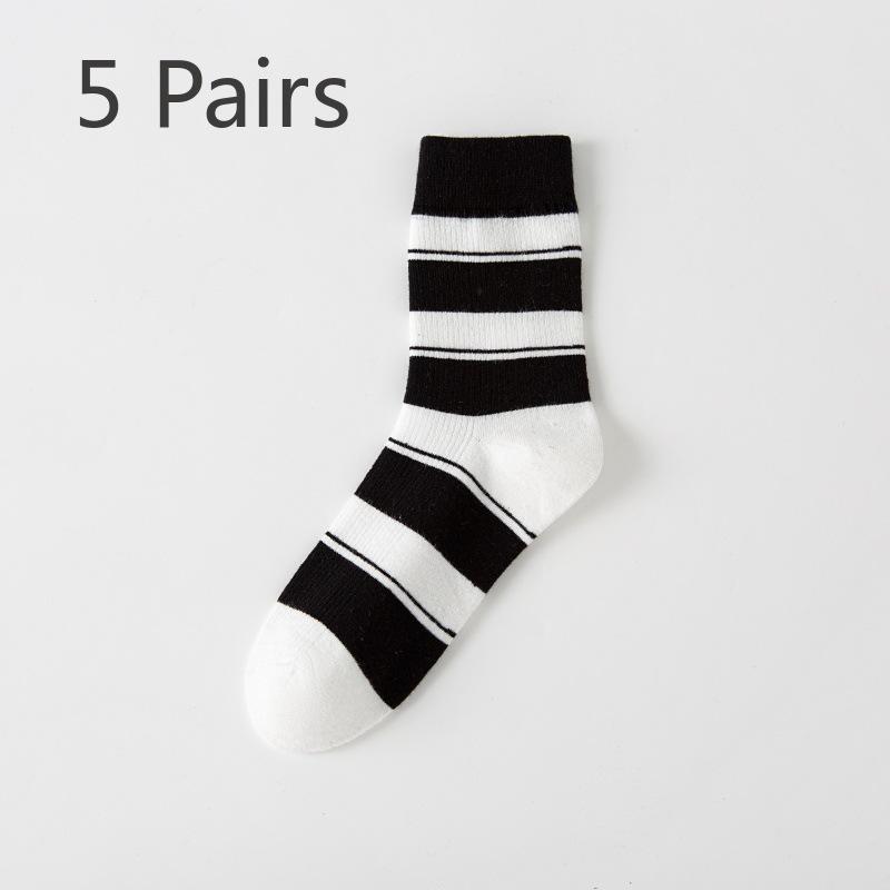 5 Pairs of Women's Autumn and Winter Trendy and Versatile Casual Cotton Striped Mid Calf Boneless Pile Socks