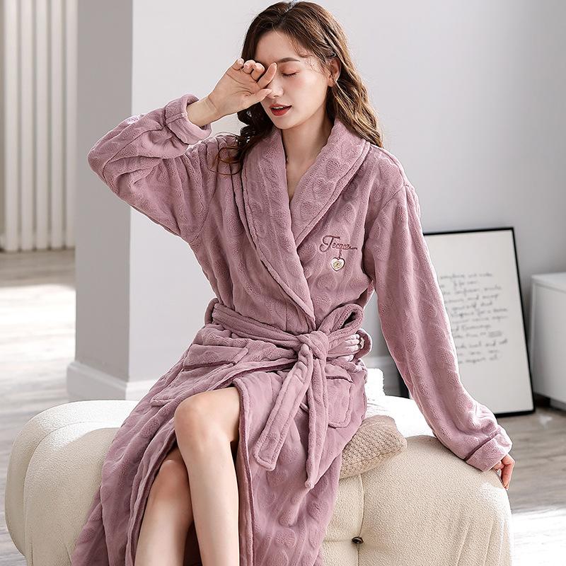 Vintermorgonrock Korallfleece Nattlinne Dam Varm Sovkläder Förtjockad Lång Badrock Flanell Lös Ledig Hemkläder Nattkläder