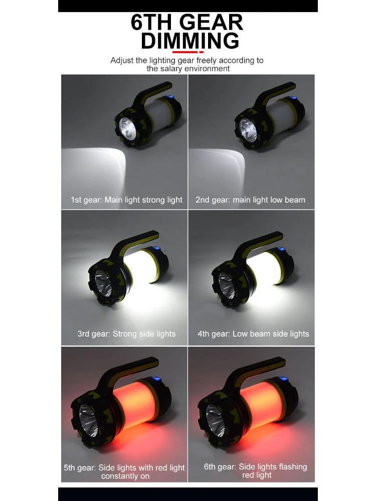 Portable Camping Lantern Lamp T6 Beads Flashlight USB Rechargeable Waterproof Emergency Outdoor Searchlight with COB Sidelight