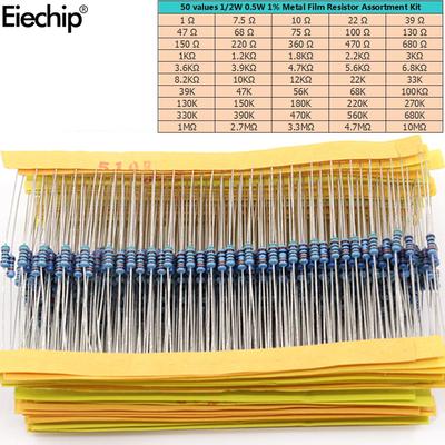 500pcs 50 Values 1/4W Metal Film Resistor Assortment Kit 0.25W 1% 1R-10mR 1ohm-10Mohm Resistors Set
