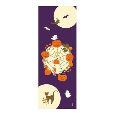 Hamamonyo Tenugui Hand Towel - Halloween Wreath, Pumpkin, Spiderweb - 100% Cotton, Approx. 34cm X 90cm, Printed, Raw Edge, Made In Japan