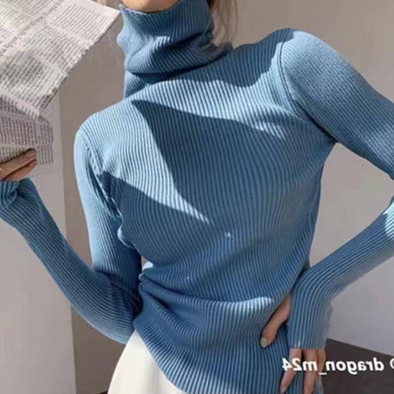 

Весна Осень Водолазка с ворсом и рукавами-пальцами Зимний трикотажный базовый универсальный женский топ XL синий