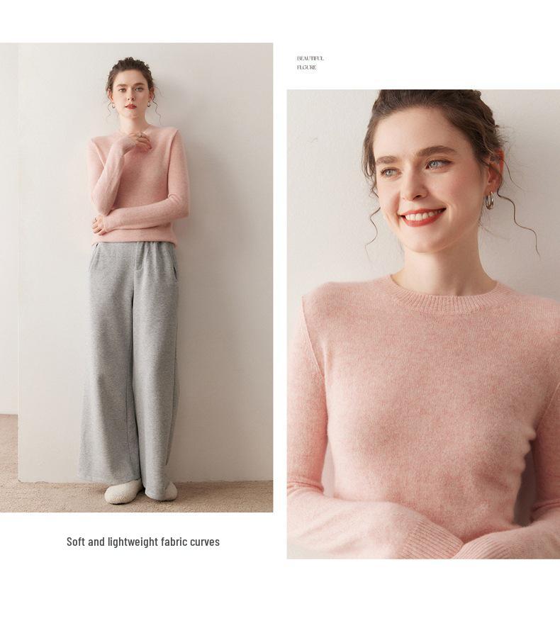 Women's Pure Cashmere Knit Pullover - Simple, Versatile Solid Color, Round Neck, Soft and Slimming Base Layer.