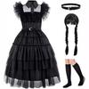 Girls Tulle Dress Wednesday Addams Cosplay Party Performance Long Witch Theme Gown