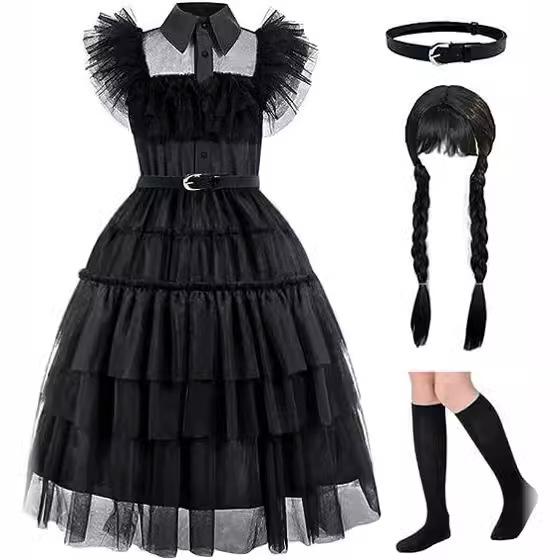 Girls Tulle Dress Wednesday Addams Cosplay Party Performance Long Witch Theme Gown