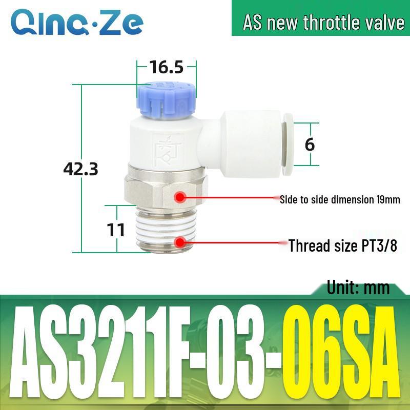 Throttle Speed Control Valve with AS1201F-M5-04A Pneumatic PU Air Hose Connector, Models AS2201F-01-2-06SA/08SA.