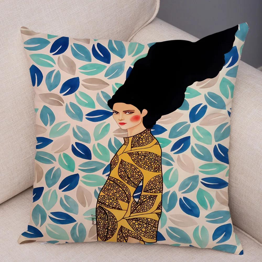Fashion Abstract Girl Pillowcase Soft Plush Decor Cartoon Flower Lady Cushion Cover for Sofa Home Throw Pillow Case 45x45cm