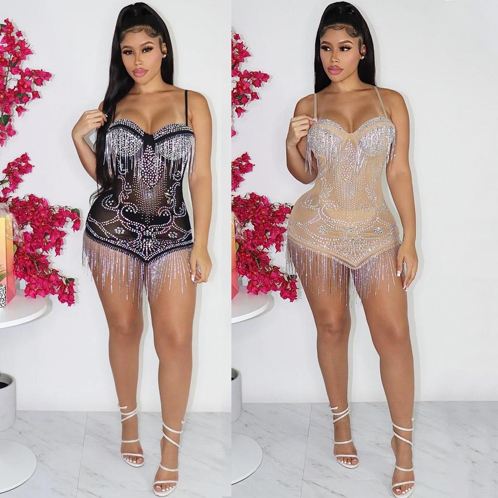 Summer Women's Sexy Diamond Tassel Mesh Dress